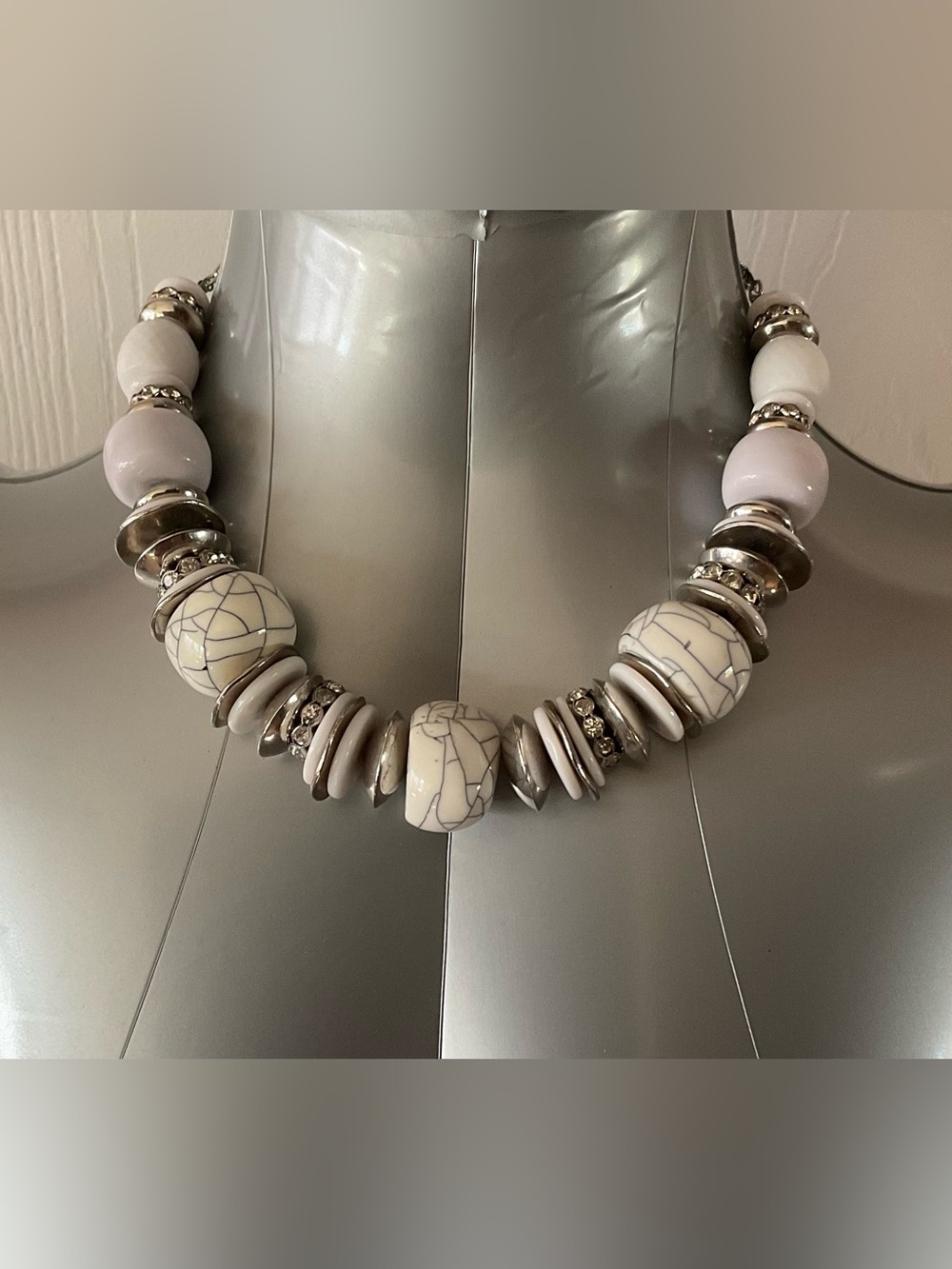 White Silver Tone Beaded Statement Necklace Snake Chain, Lobster, 18 in